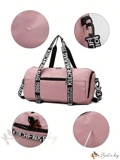 a pink duffel bag with black and white lettering on it, including the bottom part