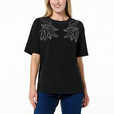 DG2 by Diane Gilman Embellished Short-Sleeve Tee  Life can always use a little more sparkle! An embellished neckline adds a flirty, shimmery finish to this classic, cotton-blend everyday tee from Diane Gilman. Casual Embellished T-shirt, Embellished T-shirt For Night Out, Short Sleeve Tops With Sequins For Fall, Short Sleeve Top With Sequins For Fall, Fall Short Sleeve Top With Sequins, Short Sleeve Sequined Tops For Fall, Chic Sequined Crew Neck Top, Spring Embellished Crew Neck T-shirt, Embellished Crew Neck T-shirt For Spring