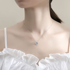 Women's Sterling Sier Simple Cold Style Rose Necklaces Light Blue Sterling Silver Necklace Fine Jewelry, Light Blue Sterling Silver Necklace, Elegant Light Blue Round Pendant Necklace, Light Blue Clavicle Chain Necklace, Elegant Light Blue Necklaces For Gifts, Elegant Light Blue Necklace For Anniversary, Blue Clavicle Chain Necklace For Wedding, Blue Clavicle Chain Necklace As A Gift For Her, Elegant Light Blue Clavicle Chain Jewelry