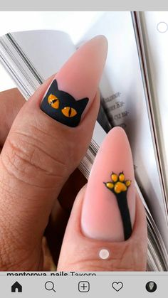 Trendy Halloween Nails, Cat Nail Designs, Cat Nail Art, Nail Art Halloween, Holloween Nails, Cat Nail, Witchy Nails, Halloween Acrylic Nails, Nail Art Designs Diy