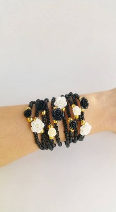 black Friendship Bracelets Boho Chic Bracelets beaded | Etsy Black Flower Shaped Beaded Bracelets For Gift, Black Flower Beaded Bracelets For Gift, Black Flower Shaped Beaded Bracelets, Black Flower Bracelets For Gifts, Black Flower Beaded Bracelets, Black Beads Stretch Bracelet As Gift, Black Friendship Bracelet, Black Friendship, Black And White Jewelry