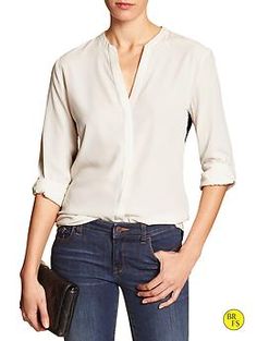 Factory Popover Blouse Classic Long Sleeve Blouse With Roll-up Sleeves, Chic Long Sleeve Blouse With Roll-up Sleeves, Fall Office Blouse With Roll-up Sleeves, Office Blouse With Roll-up Sleeves For Fall, Versatile Fall Blouse With Roll-up Sleeves, Versatile V-neck Work Shirt, Versatile V-neck Workwear Shirt, Versatile V-neck Blouse For Work, Chic White Blouse With Roll-up Sleeves