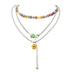 Dual-layer indie aesthetic necklace with multicolored flower beads and a silver chain, adorned with flower charms Length: 42cm/ 16.5 in Dark Academia Vibes, Accessories Y2k, Coquette Grunge, 90's Aesthetic, Aesthetic Necklace, Cute Coquette, Aesthetic Indie, Indie Aesthetic, Flower Beads