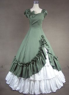 amp;nbsp;      Green and White Cotton Victorian Dress Christmas Costume       Description: Green and White Sweetheart Cotton Victorian Dress is full of mystery and lure, both Luxuriant and dark. About death, about horror, about mystery, about riddle, these are all the Gothic lolita try to express. Such a ruiness feeling. Green and White Sweetheart Cotton Victorian Dress is military green and white, and features its short sleeves design, simple silhouette, and ruffled outlayer skirt. The price in Gaun Tulle, 1800s Dresses, Gothic Victorian Dresses, Cotton Gowns, Victorian Costume, Old Fashion Dresses, Long Gown Dress, Old Dresses, Victorian Clothing