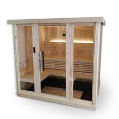 a wooden sauna with two doors open