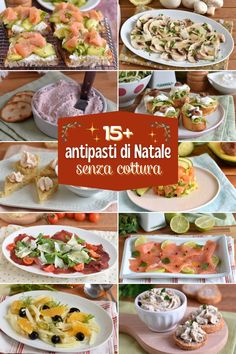 the collage shows different types of appetizers on plates and in serving dishes