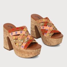 The Free People Lisbon Sandbar Multi Suede Leather High Heel Platform Mules Are A Boho Babes' Dream Come True! Smooth Genuine Suede Leather Shapes These Sandals Have A Slide-On Design And Woven Multicolor Suede Straps (In Shades Of Brown And Pink) Accented With Fun Floral And Heart Embroidery. A Chunky 2" Cork Platform And 4.75"Heel Lend A '70s Vibe That Will Never Go Out Of Style! Brand New /Never Worn/ No Box Size: 8.5 (39) Spring Orange Leather Heels, Leather Platform Heels For Vacation, Orange Almond Toe Heels For Summer, Orange Leather Platform Heels, Platform Mules, Heart Embroidery, High Heel Platform, Brown And Pink, Free People Shoes