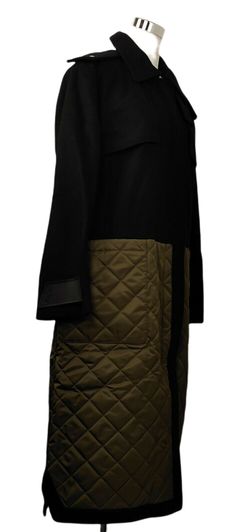 Made of 80% Wool - 20% Nylon: Style Pea Coat: Jacket/Coat Length: Long; Color Black: Insulation Material Wool: Style Pea Coat; Measurements Size IT 42: Shoulder 18.5: Chest 22.87: Sleeve Length 23 5/8: Total Length 47.5 Inches; Comes with tags; Made in Italy. Military Style Black Outerwear For Cold Weather, Military Black Outerwear For Cold Weather, Black Military Style Outerwear For Cold Weather, Black Gabardine Long Coat, Designer Black Nylon Outerwear, Hooded Patchwork Outerwear For Work, Black Gabardine Outerwear For Fall, Black Outdoor Outerwear With Patch Pockets, Designer Black Outerwear For Outdoor