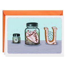 a card with an image of a heart in a jar and the letter u next to it