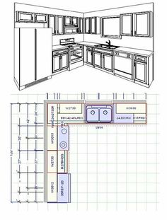 two drawings of kitchen cabinets and an island