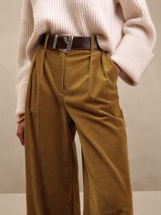 A mastery of modern proportions, this ultra high-rise pant rests perfectly above the hip and employs a wide-leg for dramatic length over your favorite shoes.  Here, our designers used sumptuous Italian corduroy, a luxuriously soft fabrication for sea Gaucho Pants Outfit, Corderoy Pants, Brown Aesthetic Outfit, Courderoy Pants, Corduroy Outfit, Taupe Pants, Corduroy Pants Outfit, Black Friday Fashion, Fantasy Aesthetics