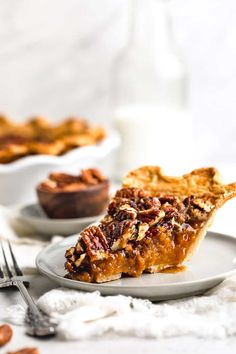 a slice of pecan pie on a plate