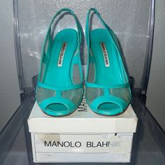 Manolo Blachnik Net/Teal Leather Heels, Size 37, Heel Is 4”- 10cm. Comes In Box. Used Several Times, Great Condition, Very Comfortable. Limited Edition With Netting Design. Minor Signs Or Wear On Heels, Barely Seen When Wearing Them. Chic Turquoise Heels For Evening, Turquoise Open Toe Heels For Formal Occasions, Turquoise Open Toe Heels For Formal Events, Formal Turquoise Open Toe Heels, Elegant Turquoise Heels For Party, Elegant Turquoise Evening Heels, Elegant Turquoise Party Heels, Chic Turquoise High Heels, Turquoise Heels For Party