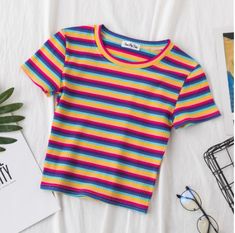 New+T+Shirt+Women+Rainbow+Striped+Tops+Slim+Fit+t+shirt+Harajuku+Tshirt+Summer+Short+Sleeve+Korean+T-shirt+feminina+Clothes+Tops Punk Crop Top, Striped Tops, Rainbow Top, Clothes Tops, Stripe Outfits, Mode Casual, Striped Sleeve, Striped Crop Top, Moda Vintage