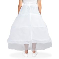 Wear this white 3-hoop petticoat under a full skirt to add volume to create a fit and flare silhouette, measuring at 28 inches in length, it can easily be worn under a wide variety of dress types. The versatile design allows the petticoat to be worn with a casual outfit, as an extra touch to your date night look, or for a ball gown or wedding dress. White Tiered Petticoat With Gathered Skirt, Fitted Flared Petticoat For Wedding, Fitted Wedding Petticoat With Flared Skirt, White Tiered Gathered Petticoat, White Flared Petticoat With Ruffled Skirt, Spring White Voluminous Petticoat, Spring Full Skirt Crinoline Petticoat, Full Crinoline Skirt For Debutante Ball, Voluminous Flared Wedding Petticoat