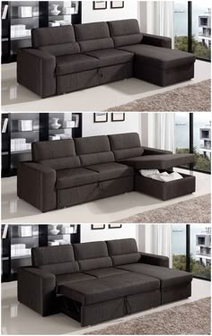 three different pictures of a couch with the bottom section open and the bottom section closed