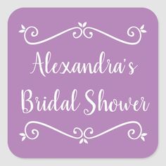 the words alexandria's bridal shower are in white on a purple square sticker