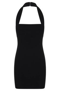 Amelita Suiting Halter Mini Dress - Black- MESHKI U.S Fitted Sleeveless Bodycon Evening Dress, Fitted Sleeveless Bodycon Dress For Evening, Fitted Halter Neck Dress For Formal Occasions, Elegant Bodycon Backless Halter Neck Dress, Fitted Bodice Halter Neck Mini Dress For Date Night, Elegant Backless Square Neck Dress For Night Out, Elegant Square Neck Backless Dress For Night Out, Elegant Stretch Bodycon Dress With Square Neck, Backless Bodycon Dress With Fitted Bodice For Night Out