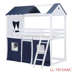 a white and blue bunk bed with a ladder