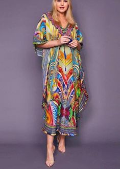 Fine Print Tie Chiffon Loose Kimono Robe Maxi Dress Loose Kimono, Moroccan Kaftan, Boho Dresses Long, Summer Beach Dress, Coverup Beach, Bohemian Print, Maxi Robes, Vintage Floral Print, Printed Swim