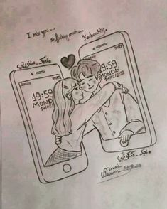 a drawing of two people hugging in front of a cell phone with the text i love you on it