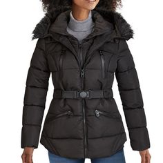 The Puffer Coat Doesn't Need To Be Super Puffy. Guess Streamlines The Look With This Tailored Style That's Cinched With A Belt And Trimmed With Luxe Faux Fur. Imported Lined Removable Belt Side Pockets Stand Collar With Attached Hood And Faux-Fur Trim; Zipper Closure At Front Water Resistant Size & Fit Approx. Length: 28" From Center Back To Hem Materials & Care Machine Washable Shell, Lining And Fill: Polyester; Faux-Fur Face: Acrylic; Faux-Fur Back: Polyester Black Quilted Hooded Jacket For Winter, Black Quilted Parka For Fall, Fitted Puffer Jacket With Double-lined Hood For Fall, Fitted Puffer Hooded Jacket For Cold Weather, Fitted Puffer Parka For Fall, Fall Fitted Puffer Jacket With Double-lined Hood, Quilted Black Parka For Winter, Quilted Black Winter Parka, Black Quilted Winter Parka