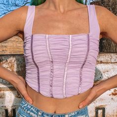 Super Beautiful Mesh Bustier Corset Top In A Light Lavender Purple Color! Fully Lined. Four Lace Lines Down The Front And Two Down The Back, No Boning. Silver Zipper Closure In The Back. So Perfect For Spring, Paired It With Our Bleach Dyed Jeans! 65% Cotton & 35% Polyester Measurements: S: Chest 26" & Front Length 9" M: Chest 29" & Front Length 9" L: Chest 30" & Front Length 9" Brand New, Never Worn! From My Boutique Shop Allison Pearl Purple Corset Top, Purple Corset Top With Sleeves, Light Purple Corset Top, Lilac Corset Top, Bleach Dyed Jeans, Luxury Fitted Purple Corset, Bleach Dye, Silver Zipper, Bustier Top