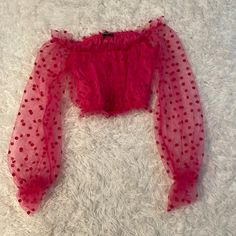 Shein Hot Pink Crop Top With Polka Dots & See Through Sleeves. Perfect For Summer Time. Has Never Been Worn But Does Not Still Have Tags Attached. Size S Cute Long Sleeve Party Tops, Cute Long Sleeve Tops For Party, Cute Red Party Top, Hot Pink Crop Top, Crop Top With Sleeves, Top With Sleeves, Pink Crop Top, Shein Tops, Summer Time