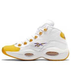 The Reebok Question Mid 'Yellow Toe' is an ode to Kobe Bryant's PE colorway that he wore with the Lakers during the 2002-2003 NBA season. The shoe features a white leather upper with contrasting yellow hits on the eyelets, toe cap and heel. The Question logo is embroidered in purple on the heel, matching Reebok's Vector branding atop the tongue and quarter panel. The shoe is perfect for any fan of Kobe Bryant or the Lakers, and is sure to turn heads when worn. Order your pair today and enjoy free shipping! (SNKR/Lakers/Unisex) Yellow Sporty Basketball Sneakers, Yellow Sporty Sneakers For Basketball, Yellow Basketball Shoes For Sports With Round Toe, Yellow Basketball Shoes With Round Toe, Yellow High-top Sneakers For Sports Events, Yellow Round Toe Basketball Shoes For Sports Events, Yellow Sporty Sneakers For Sports Events, Sporty Yellow Sneakers For Sports Events, Casual Yellow Breathable Basketball Shoes