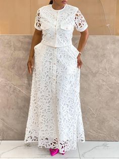 Olivia Mark - Minimalist City Chic Skirt White Dress African Style, White Lace Skirt And Blouse Styles, Lace Sleeve Styles, Senegalese Clothing Styles 2024, Ankara Lace Styles For Women, Ankara Lace Dress Styles, White Lace Styles, Dentelle Dress, White Lace Dress Outfit