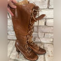 Have Lots Of Age And Wear. Parts Of The Leather On The Heel Is Damaged. Very Hard To Find Boots. We Do Not See A Size Marked On The Boots But The Lady Who Owned Them Wore A Size 7.5 Or 8. Vintage Leather Lace-up Boots With Pointed Toe, Spring Leather Lace-up Boots With Low Heel, Spring Leather Boots With Lacing, Vintage Lace-up Fall Heels, Vintage Leather Lace-up Boots With Reinforced Heel, Vintage Leather Lace-up Boots For Spring, Pointed Toe Leather Boots With Lacing, Leather Boots With Lacing And Pointed Toe, Vintage Formal Boots For Spring