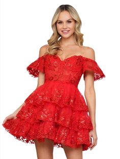 This homecoming dress Colors 3347 features a beautiful 17-inch lace ruffle skirt and a sheer corset bodice, along with intricate lace ruffle sleeves. Combining elegance and playfulness, this dress is perfect for standing out at any formal event. Ruffle layered tulle and lace hem skirt adorned with sequins. Corset style bodice! Sizes: 0-14 Colors: Black, Hot Pink, Off White, Red Lace Dress With Fitted Bodice For Prom, Lace Evening Dress With Lace Bodice For Homecoming, Glamorous Tiered Evening Dress With Ruffles, Lace Evening Dress With Lace Bodice For Quinceanera, Lace Bodice Evening Dress For Quinceanera, Fitted Lace Dress With Ruffles For Gala, Glamorous Evening Dress With Sweetheart Neckline And Ruffles, Party Lace Dress With Ruffles, Lace Evening Dress With Sweetheart Neckline And Lace Trim