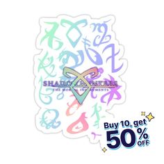 a sticker with the words, buy 10 % off and 50 % off on it