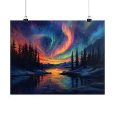 a painting of the night sky with aurora bores above it and trees in the foreground