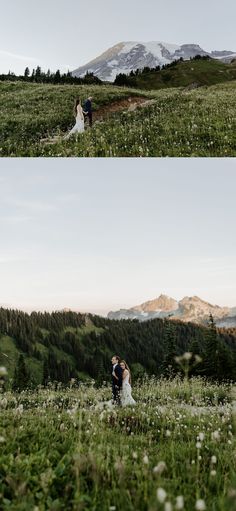 the bride and groom are standing in an open field with mountains in the back ground