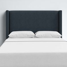 a bed with white pillows and blue headboard