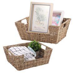 two wicker baskets with books and pictures in them on top of a white background