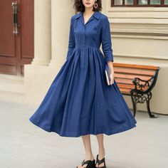 "Swing effortlessly into the vibrant season of spring with this stunning Azure Linen Dress! 💙 Ideal for a leisurely day under the sun. Embrace the elegance of a collared neck and the sophistication of pleats. Perfect for any fashion enthusiast looking to make a statement this spring. DETAIL * 100% linen fabric * Collared neck * Two side pockets * Right side zipper * Length below the knee * Long sleeve dress * Pleated dress * Midi dress * Swing dress * Fit and flare dress * Suitable for spring, Fitted Blue Linen Dress For Spring, Blue Linen Long Sleeve Midi Dress, Spring Blue Linen Dress For Daywear, Blue Long Sleeve Linen Midi Dress, Spring Linen Shirt Dress, Elegant Long Sleeve Blue Linen Dress, Elegant Blue Long Sleeve Linen Dress, Spring Pleated Linen Dress, Spring Linen Pleated Midi Dress