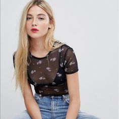 Asos Daisy Street Shrunken T-Shirt In Floral Print Mesh - Brand New With Tags Dark Green Blouse, Zipper Blouse, Floral Halter Top, Polka Dot Tank Top, Ribbed Knit Bodysuit, Satin Crop Top, Collared Shirt Dress, Asos Tops, Black Blouse Long Sleeve