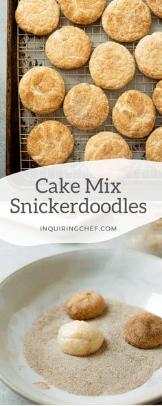 some cookies are sitting on a plate with the words cake mix snickker doodles