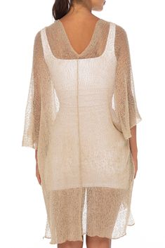 Flowy sheer long mocha kimono cardigan with chic side slits for style and comfort. This versatile open front knit sweater is a great accent over tops, camisoles, blouses, tanks, dresses and swimwear Flattering ¾ length sleeves and naturally ruffled edges add to the stylish silhouette. This feminine duster provides upper arm coverage for sleeveless tanks and dresses. Adds warmth without the bulk A versatile year around shrug that looks fabulous with any outfit. The gentle curved front hem has soft flattering drape. Pair with shorts, jeans, skirts, sundresses. Dress up your beach or poolside look Easy care, easy wear. Hand wash. Lay flat to dry. This soft, stretchy knit never wrinkles, is quick drying and comfortable. Perfect for travel or toss in your bag for a night out BACK FROM BALI crea Long Kimono Cardigan, Sheer Kimono, Kimono Sweater, Loungewear Dresses, Print Kimonos, Original Clothes, Tie Dye Dress, Dyed Dress, Kimono Cardigan