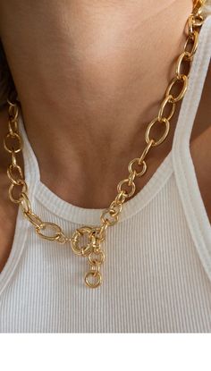 The Luv AJ Cloe Link chain necklace features beautiful gold or silver plated large oval interlock links. With a smooth luxurious finish, the oval links vary in size and decorative elements. The closure is in itself a hallmark piece and can be worn towards the front. Gold or Silver Plated Brass Chain Cloe Necklace is 16" long with 3" extender Cloe Necklace is 100% nickel-free and cadmium-free Elegant Toggle Necklace With Adjustable Oval Link Chain, Elegant Toggle Necklace With Oval Link Chain, Elegant Metal Toggle Necklace With Cable Chain, Elegant Oval Link Chain Toggle Necklace, Elegant Oval Link Toggle Necklace, Elegant Toggle Necklace With Cable Chain Link, Chic Oval Metal Jewelry, Elegant Metal Toggle Necklace With Oval Link, Elegant Metal Toggle Necklace With Rectangular Links