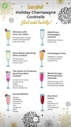 the holiday champagne cocktail list is shown in gold and white, with different types of drinks