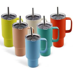 thermos mugs are lined up in different colors and sizes, with one holding a straw