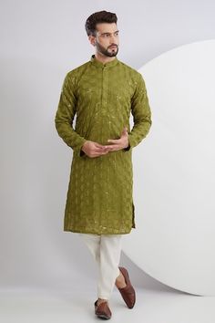 Green kurta with thread embroidered floral geometric motifs, embellished by sequins. Comes with a pant. - Aza Fashions Kurta Patterns, Cocktail Reception, Luxury Sale, Green Man, Pants Pattern, Mandarin Collar, Modern Bride, Aza Fashion, Types Of Sleeves