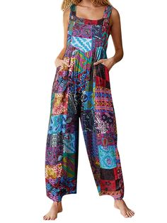 PRICES MAY VARY. Material: Bib Overalls made of high quality polyester, over size flowy ethnic style jumpsuit,skin-friendly,and cozy. Design:Sleeveless,strap button suspender,high wasit,patchwork,loose fitting,wide leg flare hemline,square neck. Style: Casual loose bohemian overalls for women and girls, plus size floral print romper with pockets, special big pocket design summer rompers for women,Women Summer Casual Bohemian Suspender Overalls. Occasion: Women Overalls Boho perfect for summer da Boho Overalls, Summer Jumpsuit Casual, Baggy Jumpsuit, Loose Romper, Overalls Casual, Vestidos Retro, Street Shooting, Vintage Jumpsuit, Boho Jumpsuit