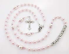 Pink and White Swarovski Pearl Personalized Baptism Rosary Pink Rosary With Round Beads For First Communion, Pink Rosary For First Communion, Pink Beaded Jewelry For First Communion, Pink Beaded Jewelry For Baptism, Pink Rosary, Rosary Gift, Rosary Beads Catholic, Pearl Rosary, Baptism Girl