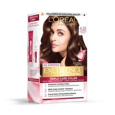 L'Oreal Paris Excellence Creme Hair Color - 4.25 Aishwarya's Brown 220g  L'Oreal Paris Excellence Creme is a permanent hair dye that offers 100% gray coverage. It is available in a variety of shades, including 4.25 Aishwarya's Brown. This shade is a dark brown with warm, reddish undertones. It is ideal for people with medium to dark brown hair who want to add some depth and richness to their color.  Benefits and Uses of L'Oreal Paris Excellence Creme Hair Color - 4.25 Aishwarya's Brown  This protects, strengthens and replenishes hair.  Hair feels Stronger.  It leaves the hair looking Smoother and feeling Protected.  It leaves hair feeling replenished.   Key Ingredients  Pro-keratin  Ceramide   How To Use  Use as directed on the label.  Keep out of the reach of children.  Protect from direc Hair Colours For Brown Skin, Hair Color For Brown Skin, Loreal Hair, Royal Tunbridge Wells, French Rose, Gray Coverage, Permanent Hair Dye, Care Hair, Rose Oil