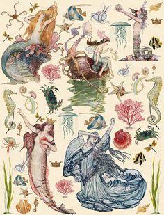 an illustration of mermaids and sea creatures