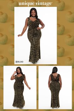 Pave the way for Goldwyn, dames! This elegant vintage style plus size gown from Unique Vintage, is crafted in a sultry fitted black velvet with gold sequins all over. The exquisite V-neckline and sleeveless design compliment the luxurious subtle draped back. Complete with a hidden side zipper to cinch you in. Play your best in the Goldwyn Gown!.Available in sizes XS-5X while supplies last. | Unique Vintage Plus Size 1930S Gold Sequin Goldwyn Gown | Size 4X/22-24 Plus Size Gown, Vintage Plus Size, Plus Size Gowns, Gold Sequins, Gold Sequin, Black Velvet, Unique Vintage, Side Zipper, Vintage Style